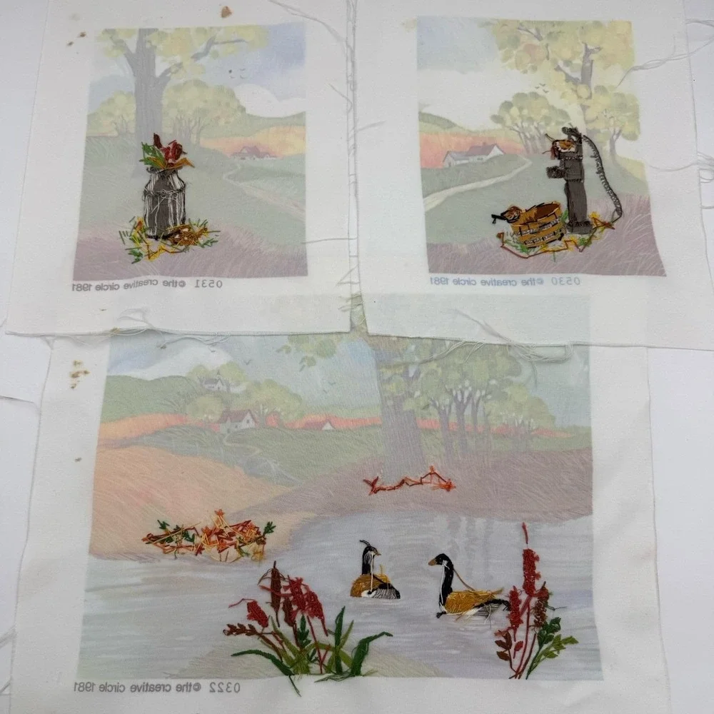 Vtg Set 3 Needlepoint Landscape Scene Completed Colorful Country Granny Wall Art